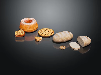Assorted Baked Bread Items Displaying Donut Swirl Roll Lattice Pie Loaf And Sliced Bread 3d model