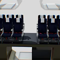 Public Chairs In Aircraft Cabin With Dark Blue Seats White Armrests Red Accents
