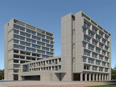 Modern Gray Multi Storey Concrete Buildings With Connected Low Rise Structure And Blue Sky 3d model