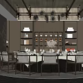 Chinese Style Private Dining Room With Round Table Chairs Display Shelves And Pendant Lights