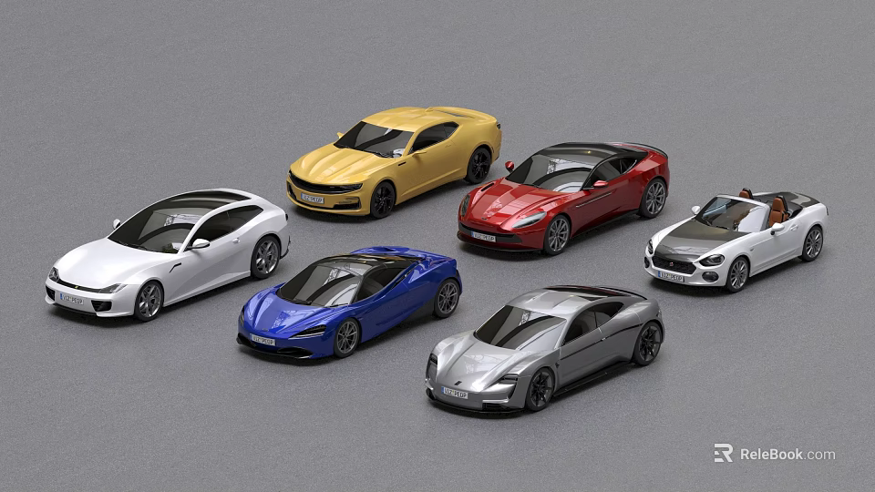 Various Colored Sports Car Models Displayed In Arrangement On Gray Background 3d model 