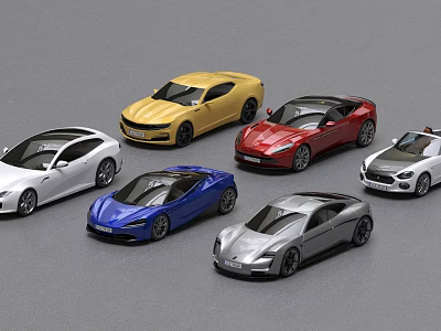 Various Colored Sports Car Models Displayed In Arrangement On Gray Background 3d model