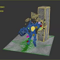 Game Movie Mechanical Character With Blue Glowing Parts Destroying Stone Pillar And Debris