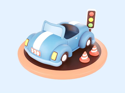 Blue Toy Car With Traffic Light And Cones In Children's Play Scene 3d model