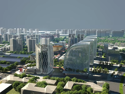 Modern Office Building With Curved Glass Facade And Geometric Tower In Urban Skyline Green Surroundings 3d model