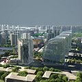 Modern Office Building With Curved Glass Facade And Geometric Tower In Urban Skyline Green Surroundings