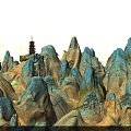 Traditional Chinese Landscape Featuring Blue Yellow Mountains Ancient Pagoda Scattered Trees And Misty Clouds