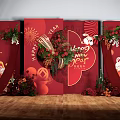 Vibrant Chinese New Year Rabbit Themed Red Decorations With Fireworks And Flowers