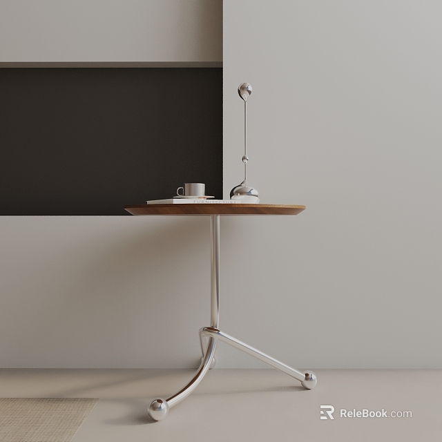 Minimalist Side Table With Wooden Top Chrome Base And Cup Teapot In Living Room 3d model 