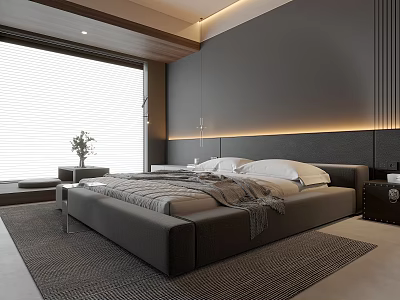 Modern Bedroom Interior With Gray Bed Frame LED Strip Lighting Roller Blinds And Area Rug 3d model