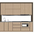 Modern Kitchen With Wooden Upper And Lower Cabinets Sink Stove And White Tile Backdrop