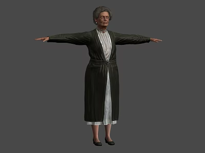 Elderly Woman Wearing Dark Long Coat And White Inner Garment Standing With Arms Outstretched 3d model