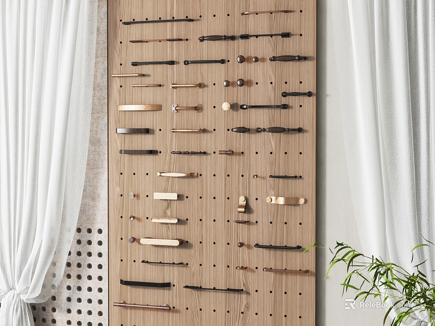 Various Handles Displayed On Wooden Board With Different Styles And Finishes 3d model 
