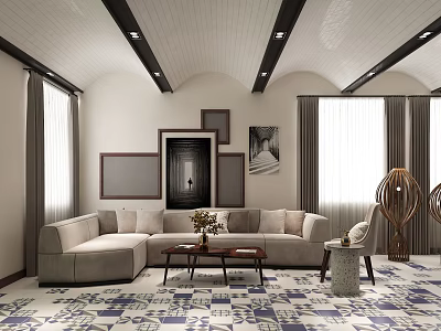 Modern Living Room With L Shaped Sofa Geometric Pattern Rug And Decorative Wall Art 3d model