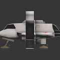 White Futuristic Geometric Craft With Red Logo And Landing Gear On Dark Reflective Surface