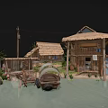 Cartoon Rural Scene With Thatched Roof Huts Wooden Cart And Green Trees