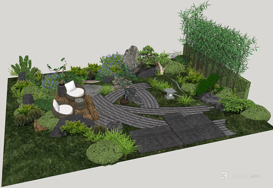 Garden Ornamental Design Featuring Circular Seating Area Stone Path Bamboo Grove And Green Plants 3d model 