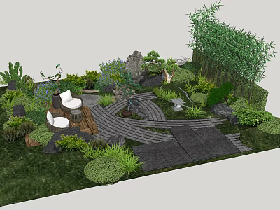 Garden Ornamental Design Featuring Circular Seating Area Stone Path Bamboo Grove And Green Plants 3d model