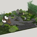 Garden Ornamental Design Featuring Circular Seating Area Stone Path Bamboo Grove And Green Plants