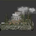 Miniature Scenic Landscape With Small House Red Car Pine Trees Mist And Rock Base