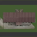 Cartoon Scene Of Ancient Stone Building With Red Roof Arched Doors And Green Base