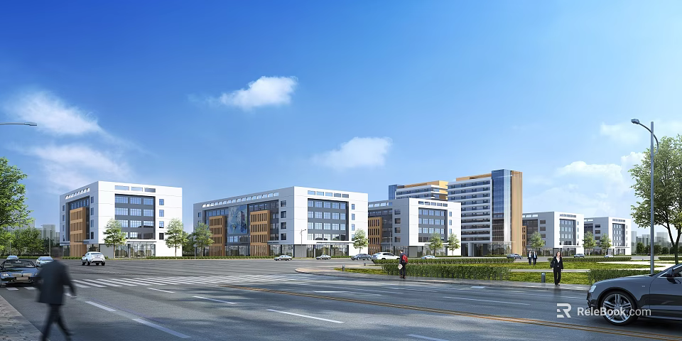 Modern Industrial Workshop Building Exterior With Road Green Belt and Blue Sky 3d model 