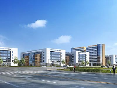 Modern Industrial Workshop Building Exterior With Road Green Belt and Blue Sky 3d model