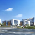 Modern Industrial Workshop Building Exterior With Road Green Belt and Blue Sky