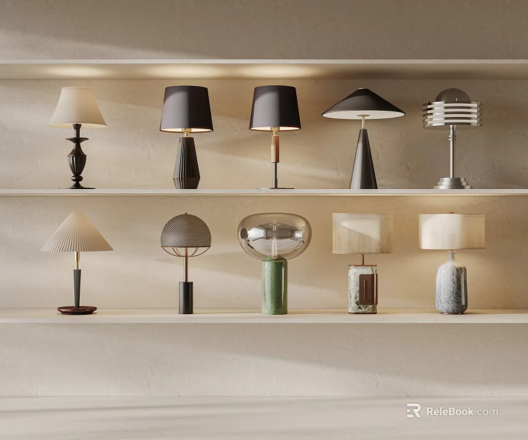 Stylish Table Lamps In Multiple Designs Placed On Wall Shelves 3d model