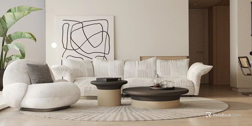 Modern Luxury Sofa Coffee Table Set With White Cushions Round Tables And Abstract Wall Art 3d model 