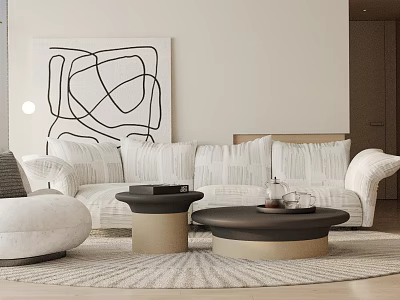 Modern Luxury Sofa Coffee Table Set With White Cushions Round Tables And Abstract Wall Art 3d model