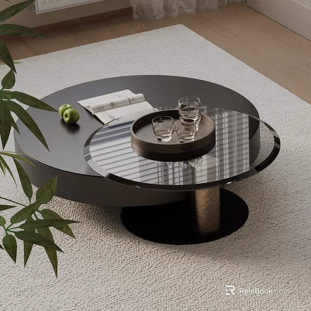 Modern Sofa Coffee Table Set With Round Glass Top Tray And Green Plant Decor 3d model 