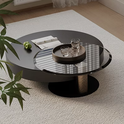Modern Sofa Coffee Table Set With Round Glass Top Tray And Green Plant Decor 3d model