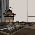 Tea Time Essentials With Teapot Cups Snacks And Book On Wooden Tray Table
