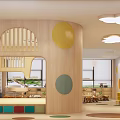 Bright Kindergarten Interior With Cloud Pendant Lights Colorful Block Wall And Wooden Kids Furniture
