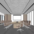 Modern Conference Room Interior With Long Meeting Table Leather Chairs Projection Screen And Large Windows