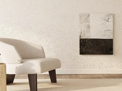 Beige Accent Chair With Wooden Legs By Abstract Painting On Textured Wall And Wooden Floor 3d model
