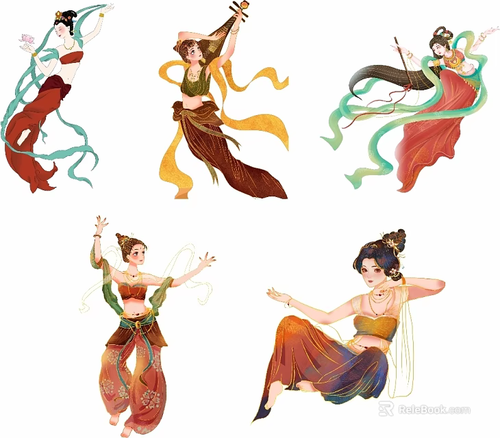 Ancient Style Female Figure Pendants With Flowing Robes And Elegant Scarves In Various Poses 3d model 