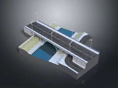 3D Model of Urban Bridge with Road Street Lights Water Channel and Greenery 3d model