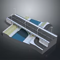 3D Model of Urban Bridge with Road Street Lights Water Channel and Greenery