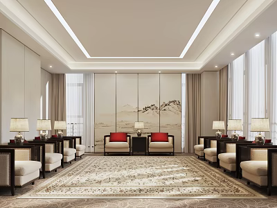 Elegant Modern Hotel Public Lounge Area With Landscape Painting Patterned Carpet And Beige Sofas 3d model
