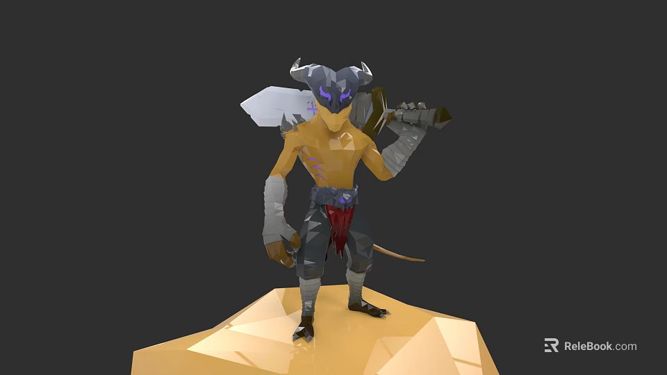 Game And Movie Character With Muscular Build Demon Horns Axe Glowing Eyes In Combat Pose 3d model 