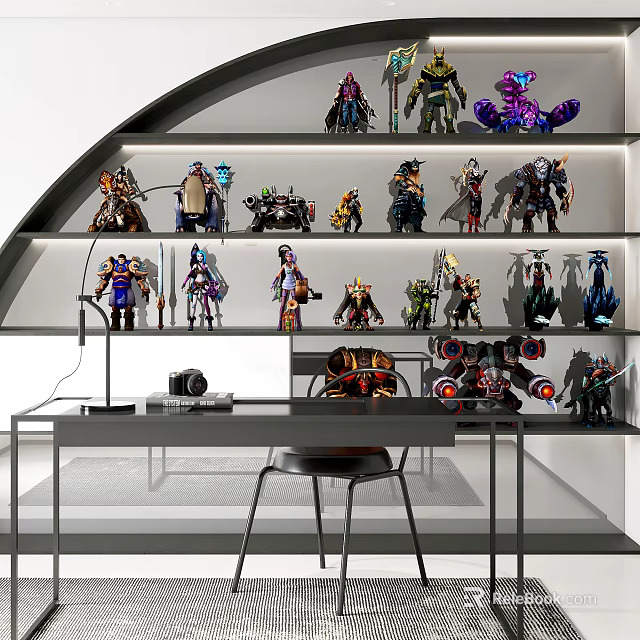 Collectible Figures Display On Multiple Tiered Shelves In Modern Room Setup 3d model 