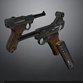 Vintage Pistols with Wooden Grips Black Metal Parts and Yellow Marking