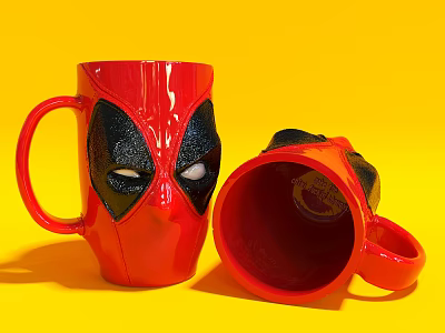 Red Mug with Deadpool Mask Design Standing and Lying on Yellow Background 3d model