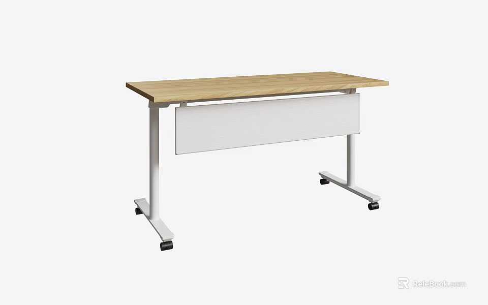 Public Office Space Desk With Wooden Top White Metal Legs And Mobile Wheels 3d model 