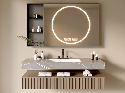 Modern Bathroom Vanity With Round Illuminated Mirror Marble Countertop Open Shelves And Towels 3d model