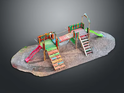 Outdoor Kids Play Equipment With Colorful Slides Wooden Climbing Frames And Stairs 3d model