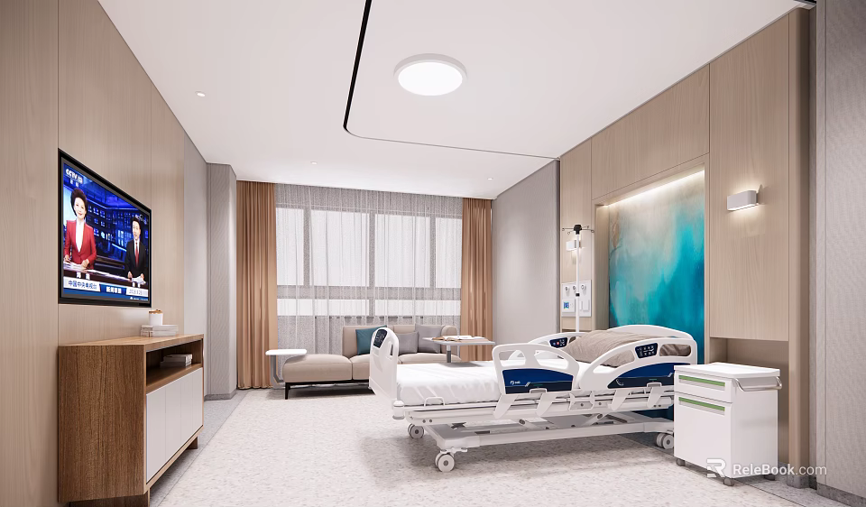 Modern Hospital Room Interior With Comfortable Sofa TV Window Wooden Walls And Medical Equipment 3d model 