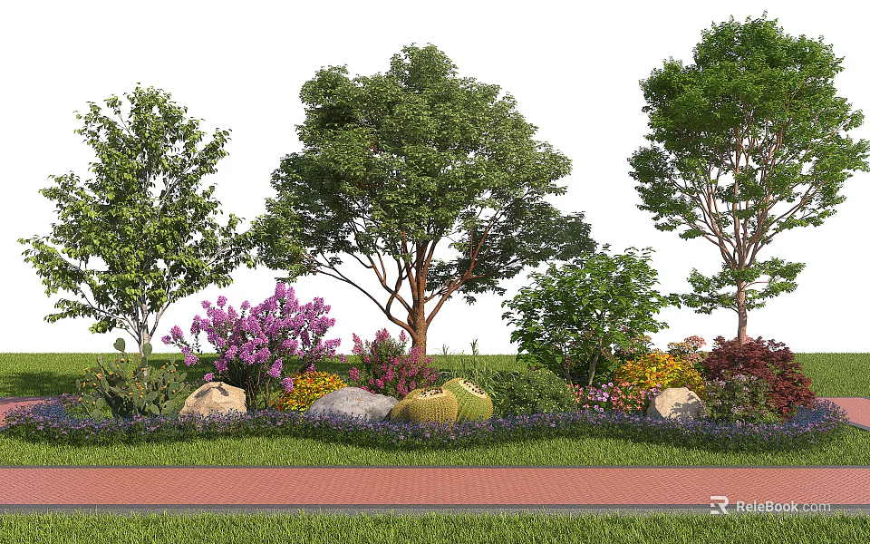 Lush Deciduous Arbor Surrounded by Purple Flowers Stones and Red Brick Path 3d model 